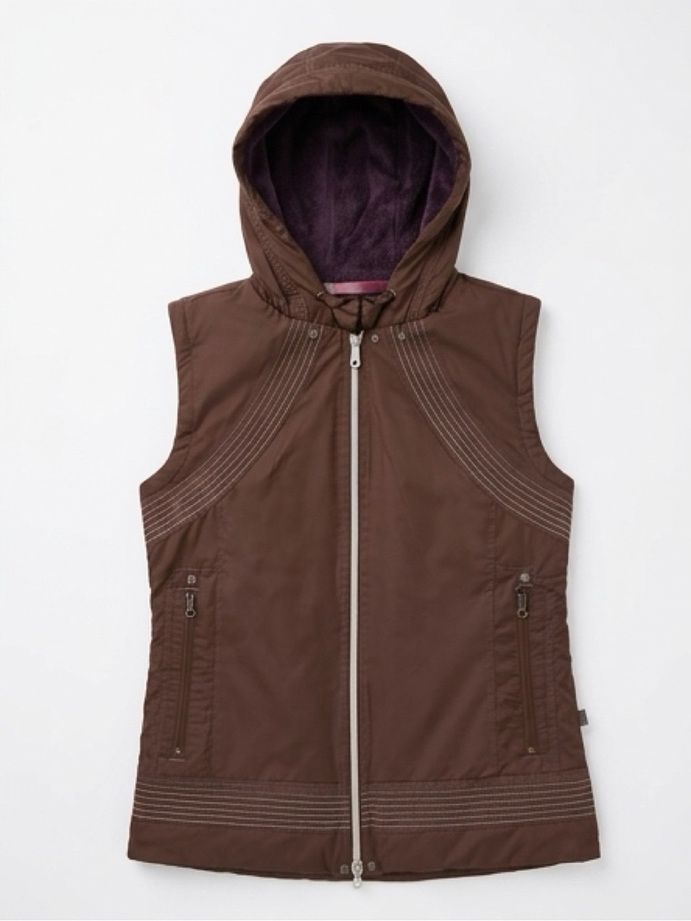 Prana Brown Hooded Faux Fur Lined Puffer Vest Full Zip Pockets Active Outdoor